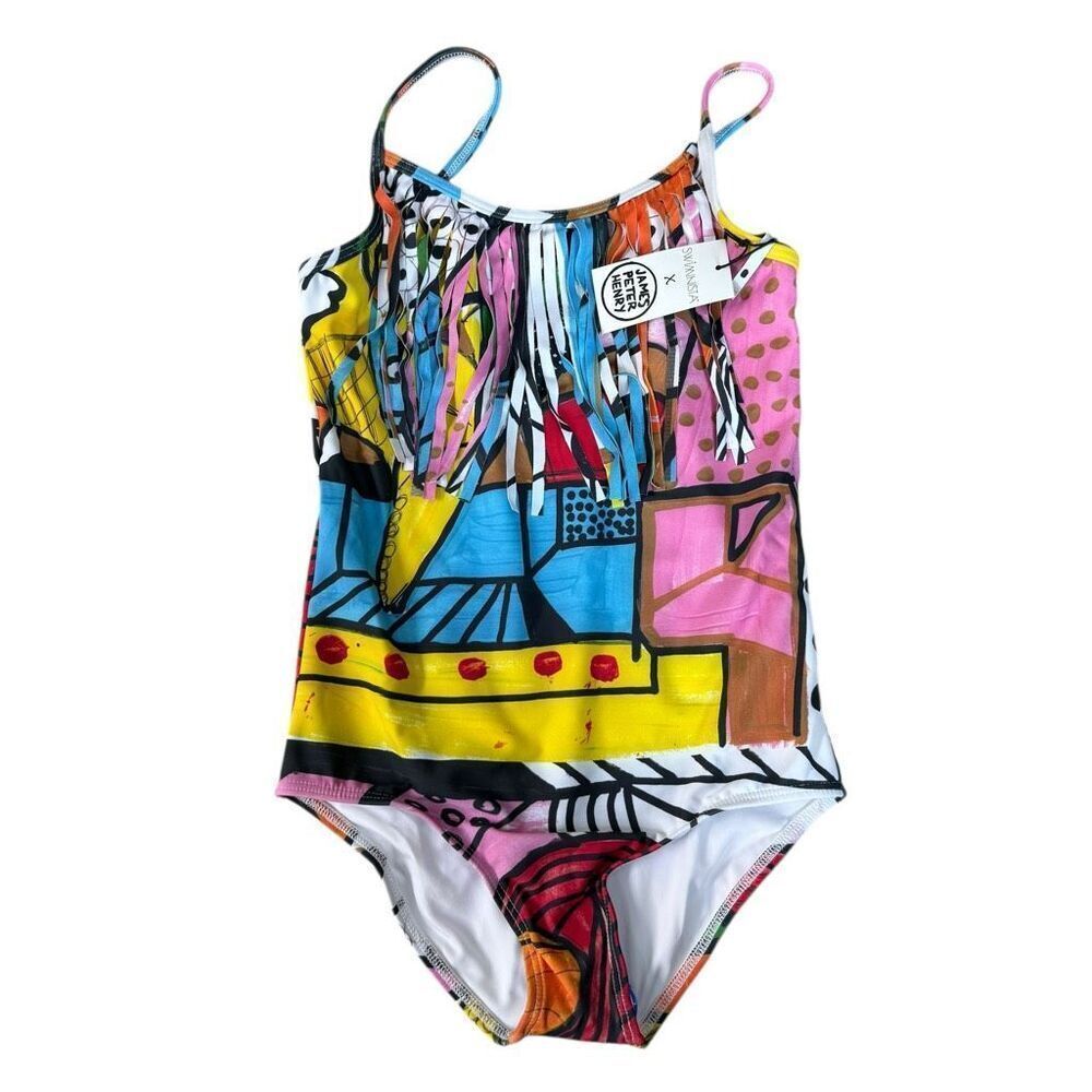 Swiminista X James Peter Henry girls Sydney print fringe swimsuit L New